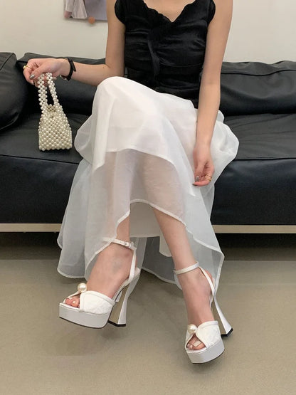 Buckle Strap Pearl Decor Pump Sandals
