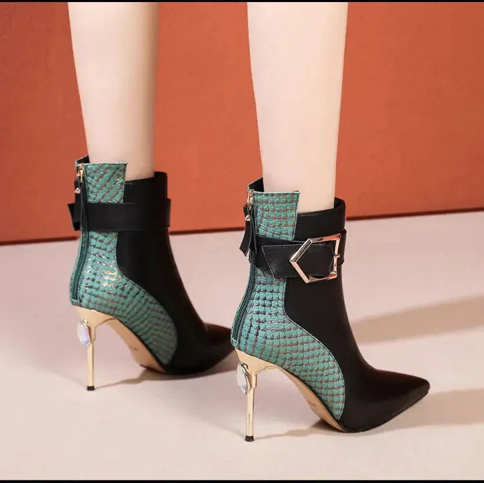 Patchwork Pointed Toe Ankle Boots