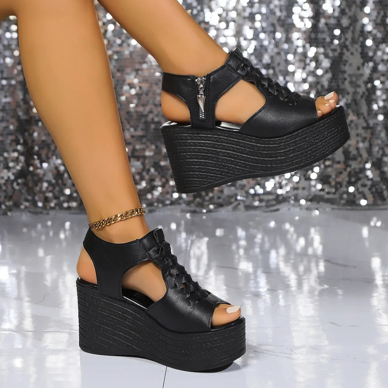 Zipper Leather Wedges Platform Sandals