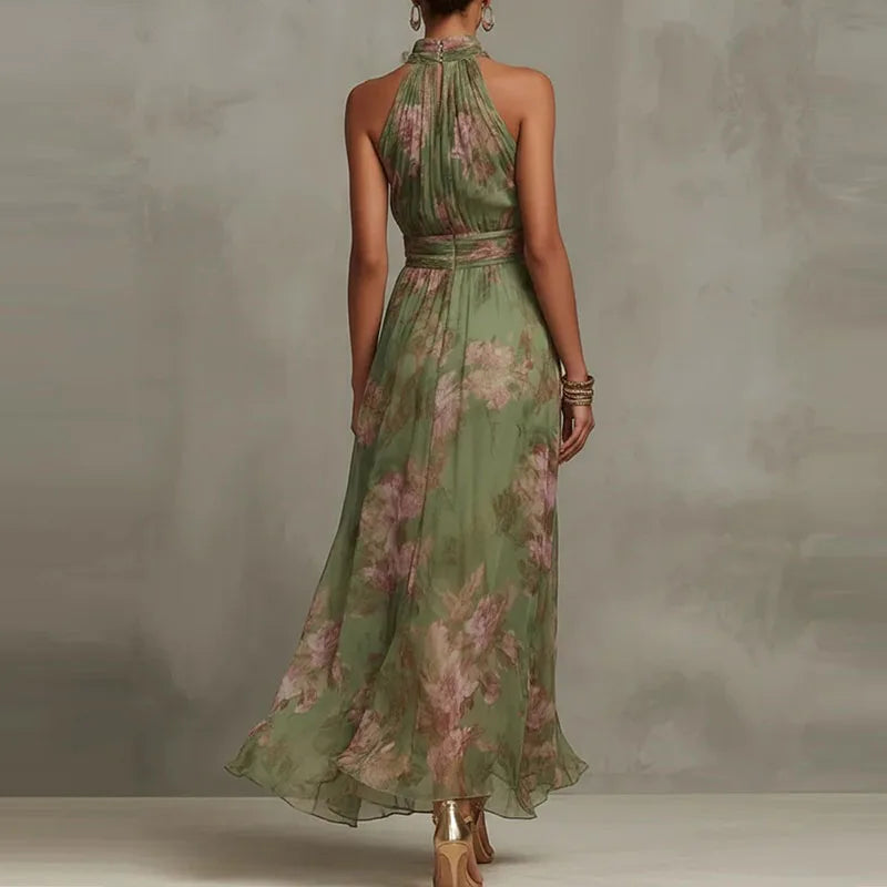 Elegant Halter Green Floral Maxi Dress