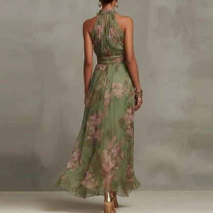 Elegant Halter Green Floral Maxi Dress
