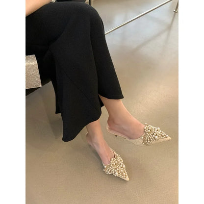 String Beads Pointed Toe Mules Shoes