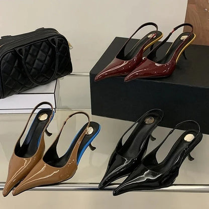 Patent Leather Pointed-Toe Slingback Shoes