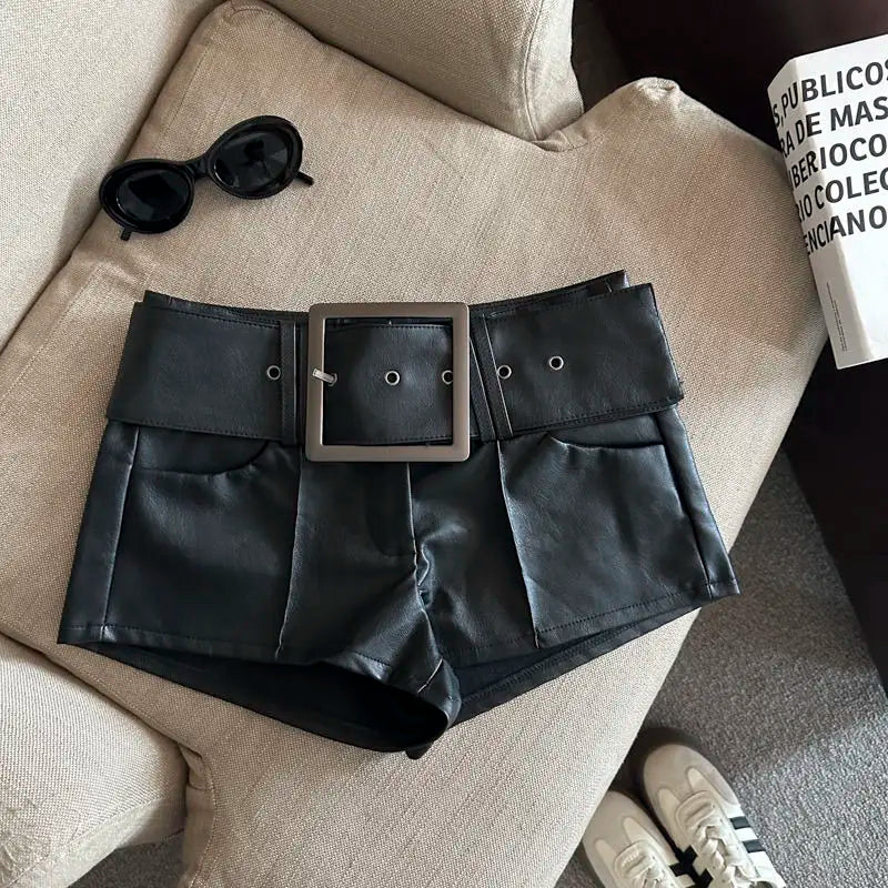 Wide Belt Black Leather Shorts