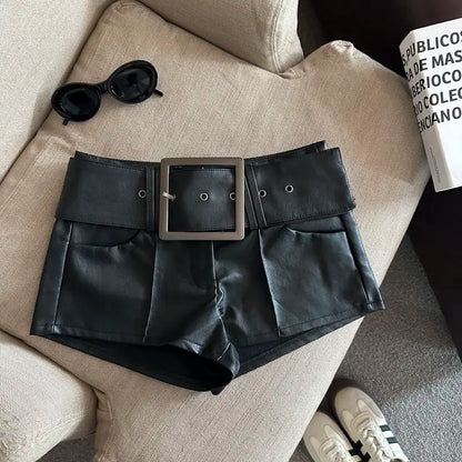 Wide Belt Black Leather Shorts