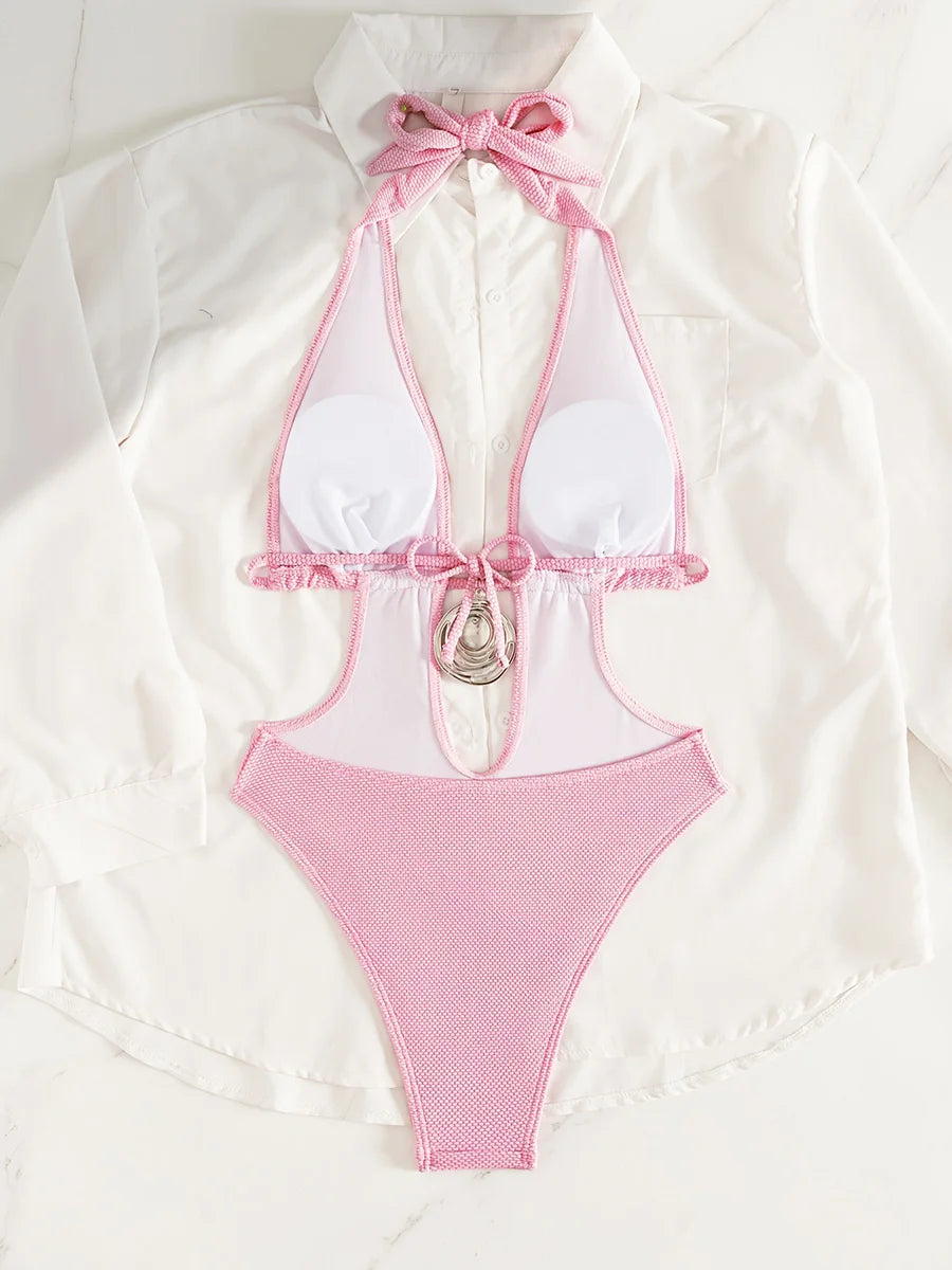 Pink Halter Deep V Neck Monokini