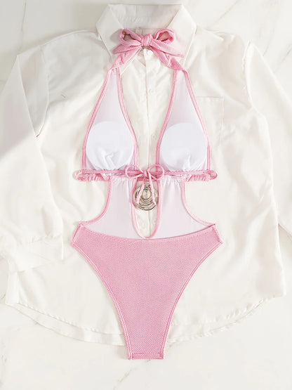 Pink Halter Deep V Neck Monokini