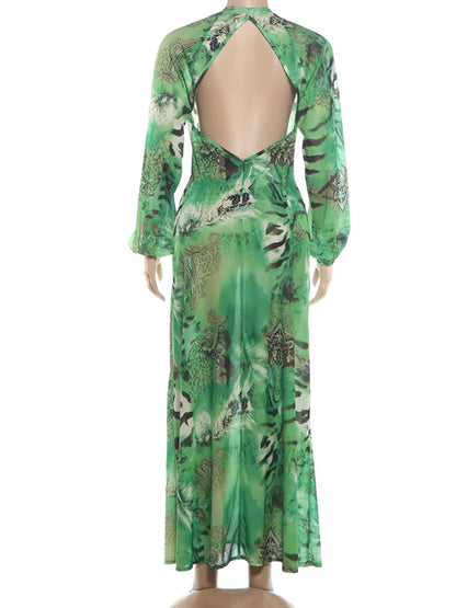 Lantern Sleeve Tiger Stripe Maxi Dress