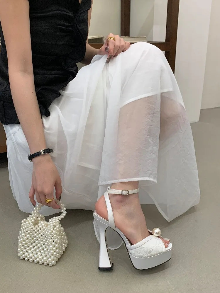 Buckle Strap Pearl Decor Pump Sandals