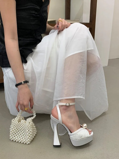 Buckle Strap Pearl Decor Pump Sandals