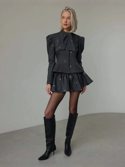 Bow Tie Neck Puff Sleeve Skirt Set