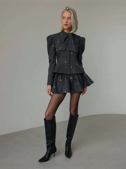 Bow Tie Neck Puff Sleeve Skirt Set