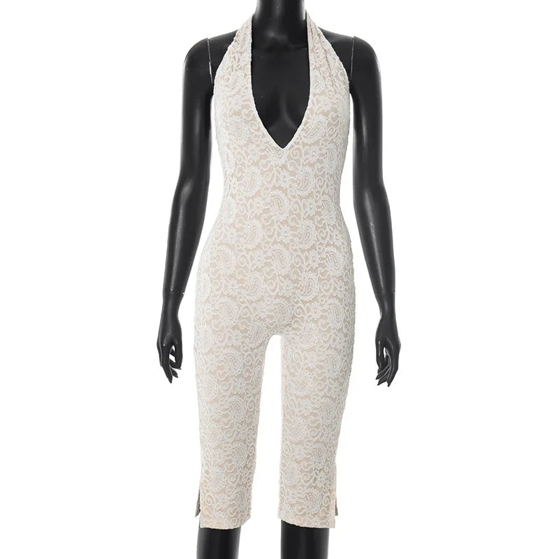 Deep V-Neck Backless Lace Jumpsuit
