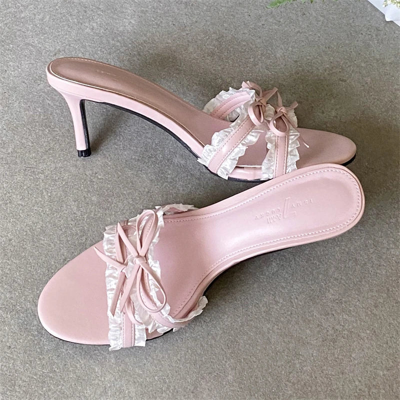 Butterfly-knot Lace Edge Thin Heels Sandals