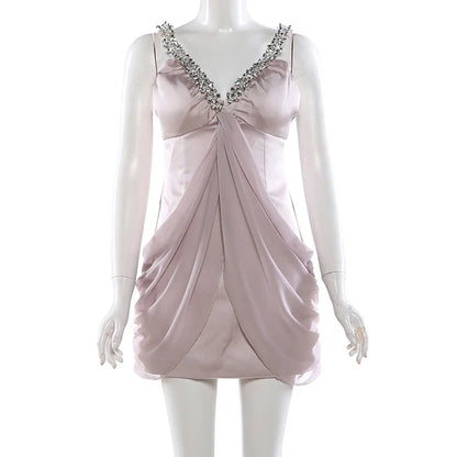 Rhinestone V-Neck Folded Mini Dress