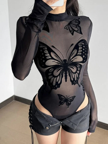 See Through Butterfly Long-Sleeve Bodysuit