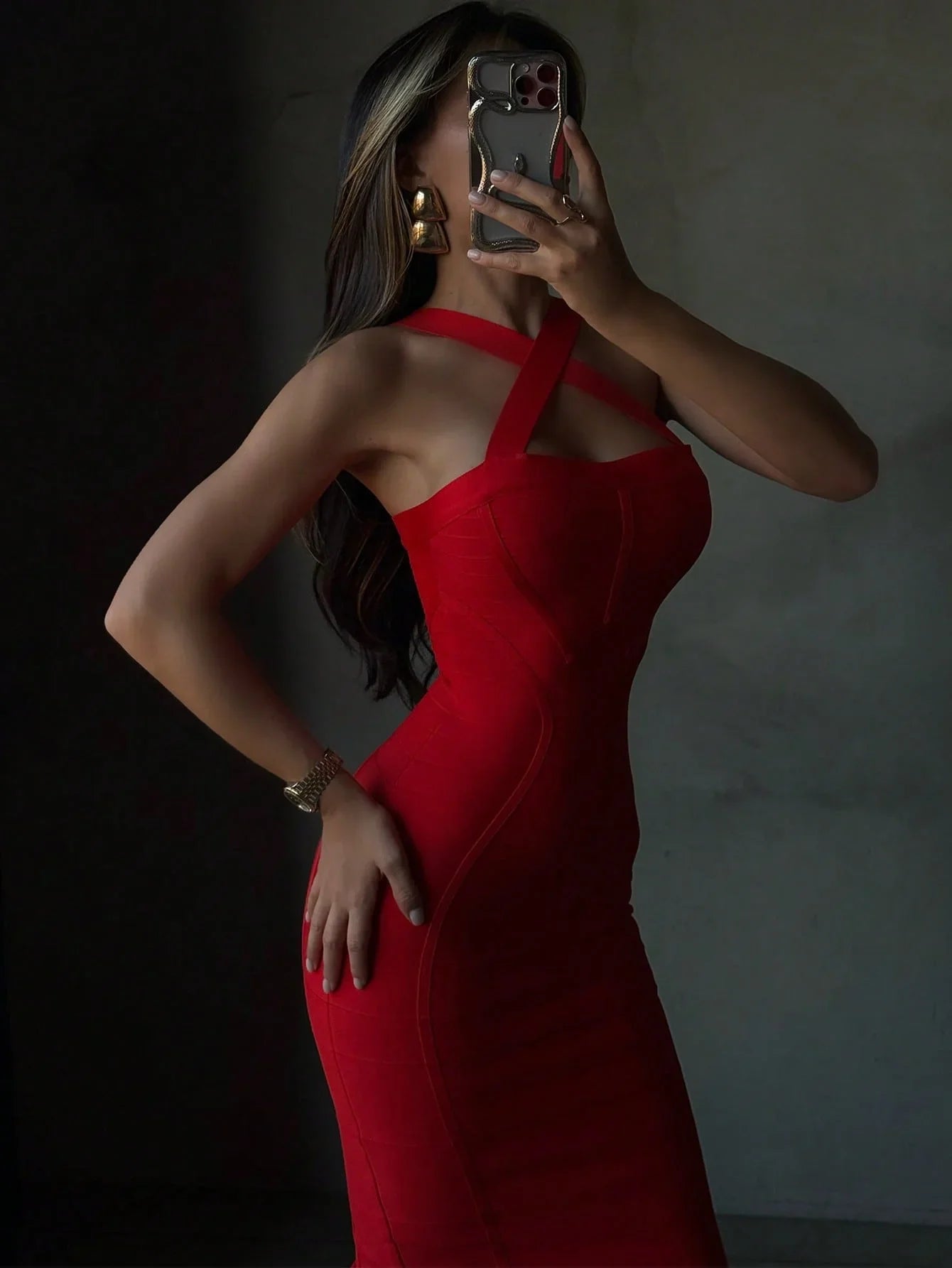 Halter Red Bodycon Midi Dress