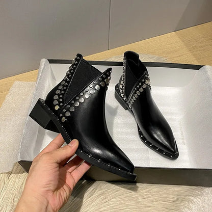 Rivet Pointed Toe Square Heels Boots