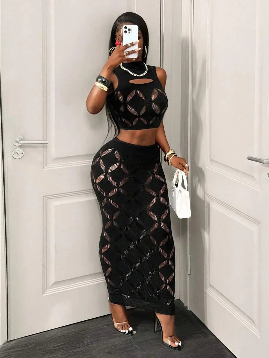Sheer Mesh Hollow-Out Skirt Set