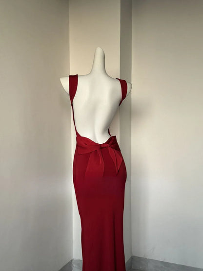 Backless Bow Decor Maxi Dress