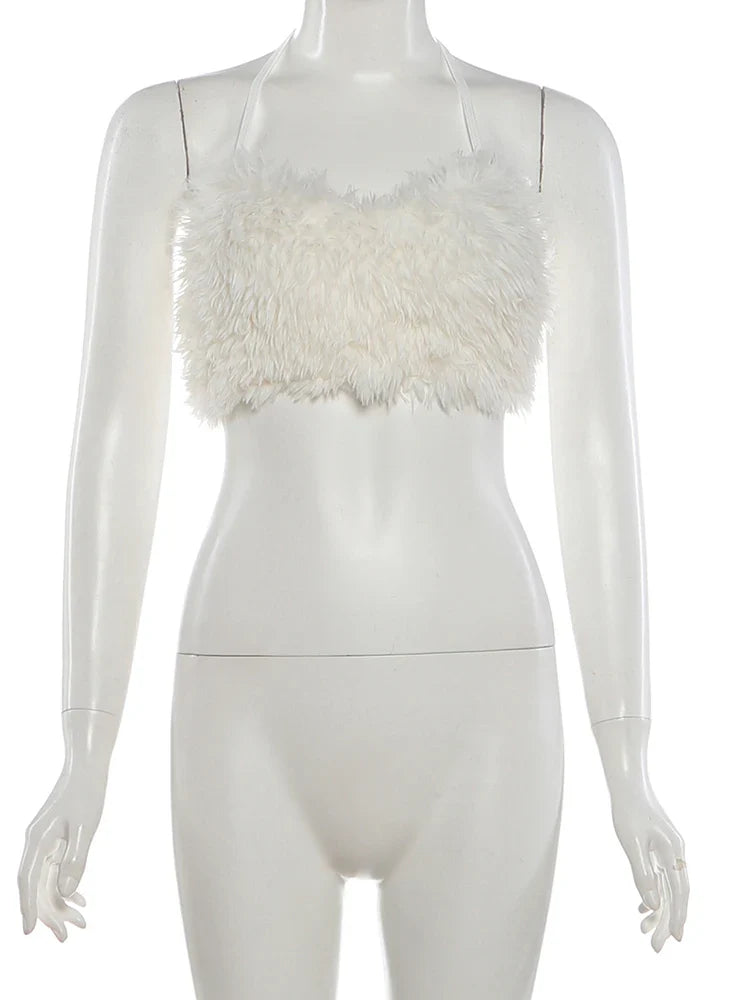 White Faux Furs Backless Crop Top