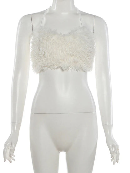 White Faux Furs Backless Crop Top