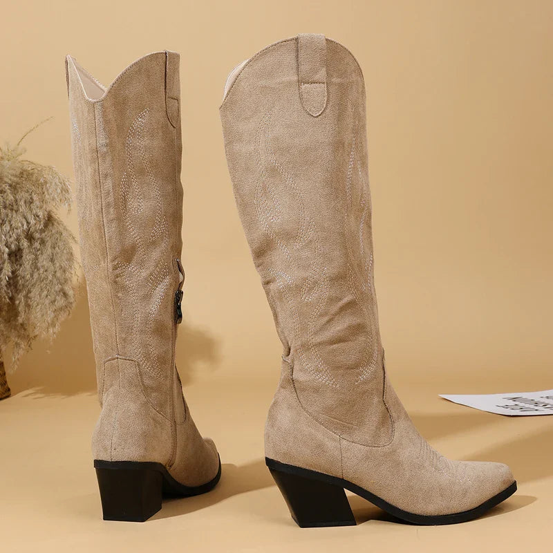 Khaki Flock Zipper Knee High Boots