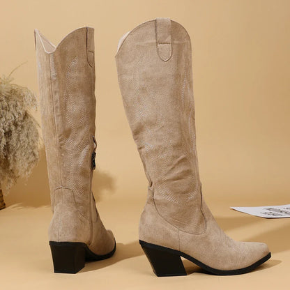 Khaki Flock Zipper Knee High Boots