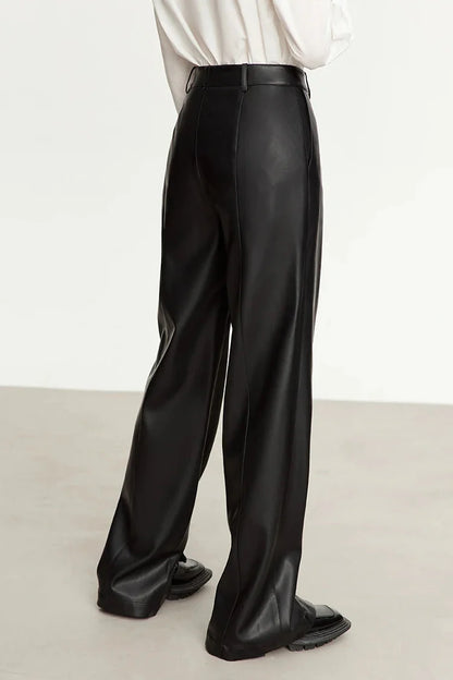 Minimalist Solid Leather Straight Fit Pants