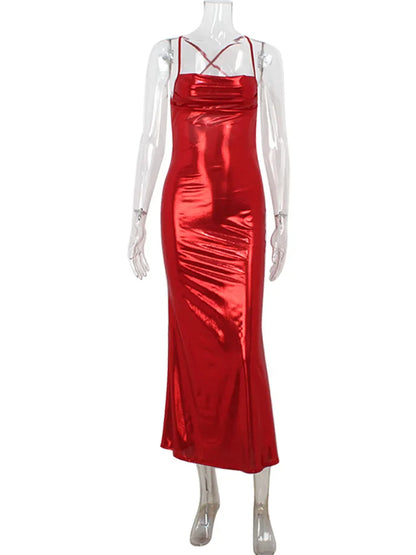 Red Shiny Backless Maxi Dress