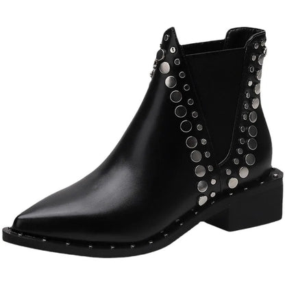 Rivet Pointed Toe Square Heels Boots