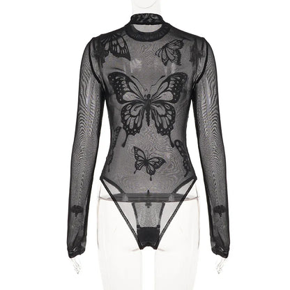 See Through Butterfly Long-Sleeve Bodysuit