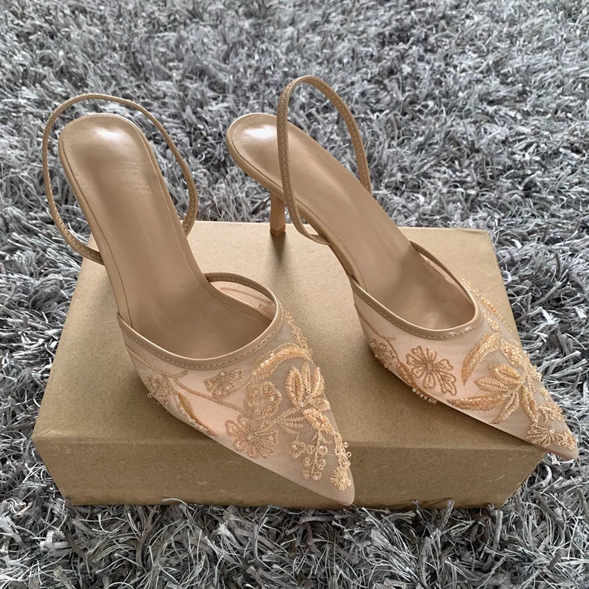 Sequin Embroidered Mesh Slingback Pump Shoes