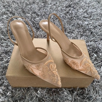 Sequin Embroidered Mesh Slingback Pump Shoes