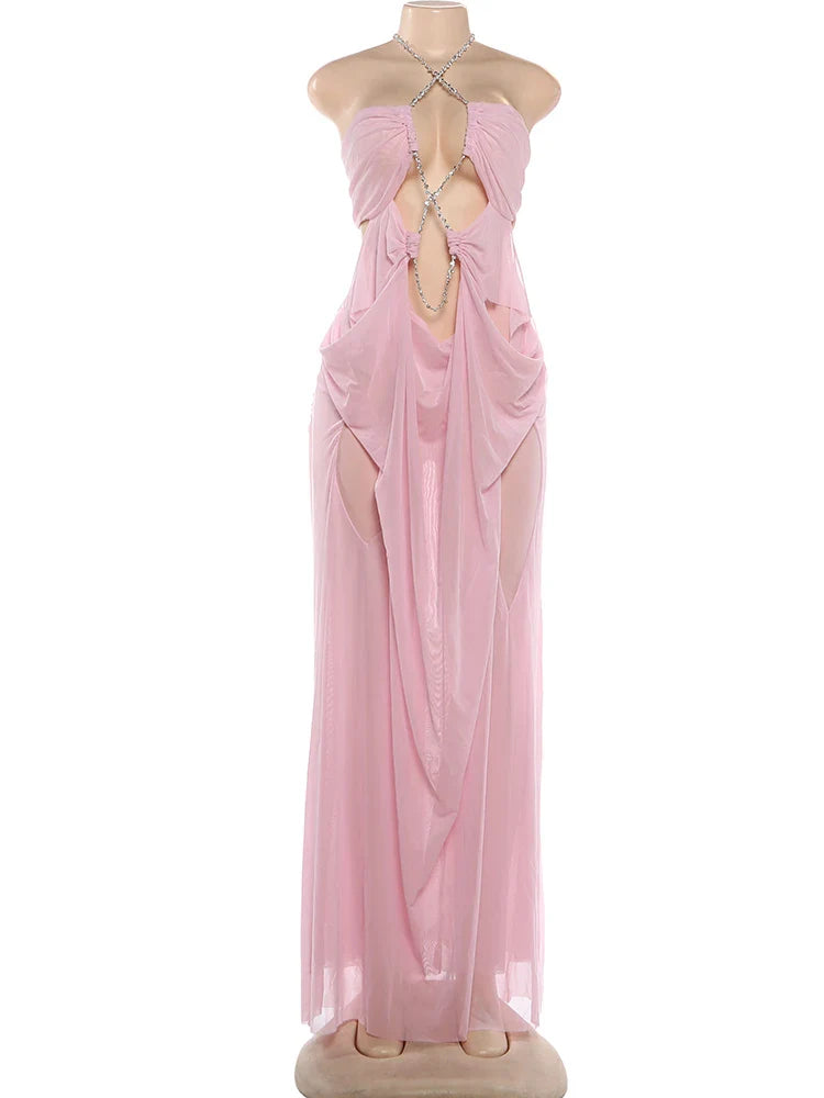 See-Through Halter Chain Backless Long Dress