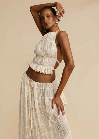 Sheer Lace Up Ruched Skirt Set