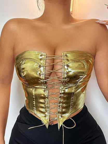 Metallic Color Lace-Up Front Crop Top