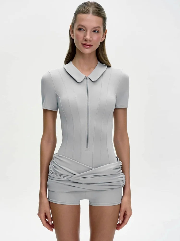 Solid Ruched Polo Collar Mini Dress
