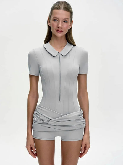 Solid Ruched Polo Collar Mini Dress