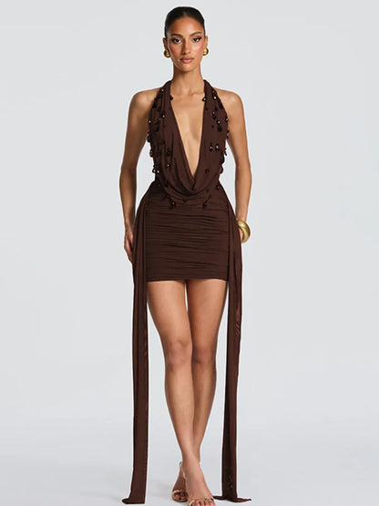 Teardrop Crystals V-Neck Mini Dress