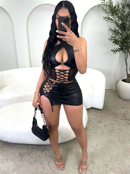 Halter Hollow Backless Irregular Skirt Set