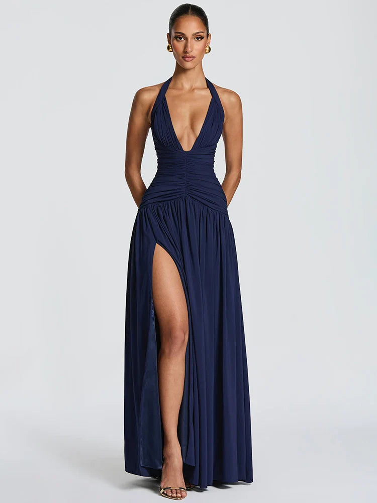 Halter Deep V Neck Backless Long Dress