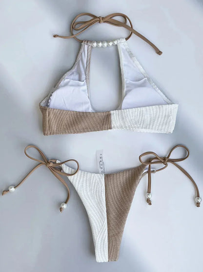 Halter Pearl Beads Two Piece Bikini