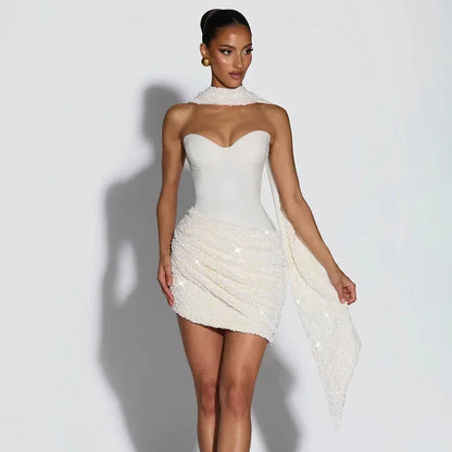 Chic Sequin Scarf Collar Mini Dress