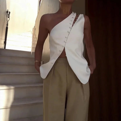 Curved Button One-Shoulder Top