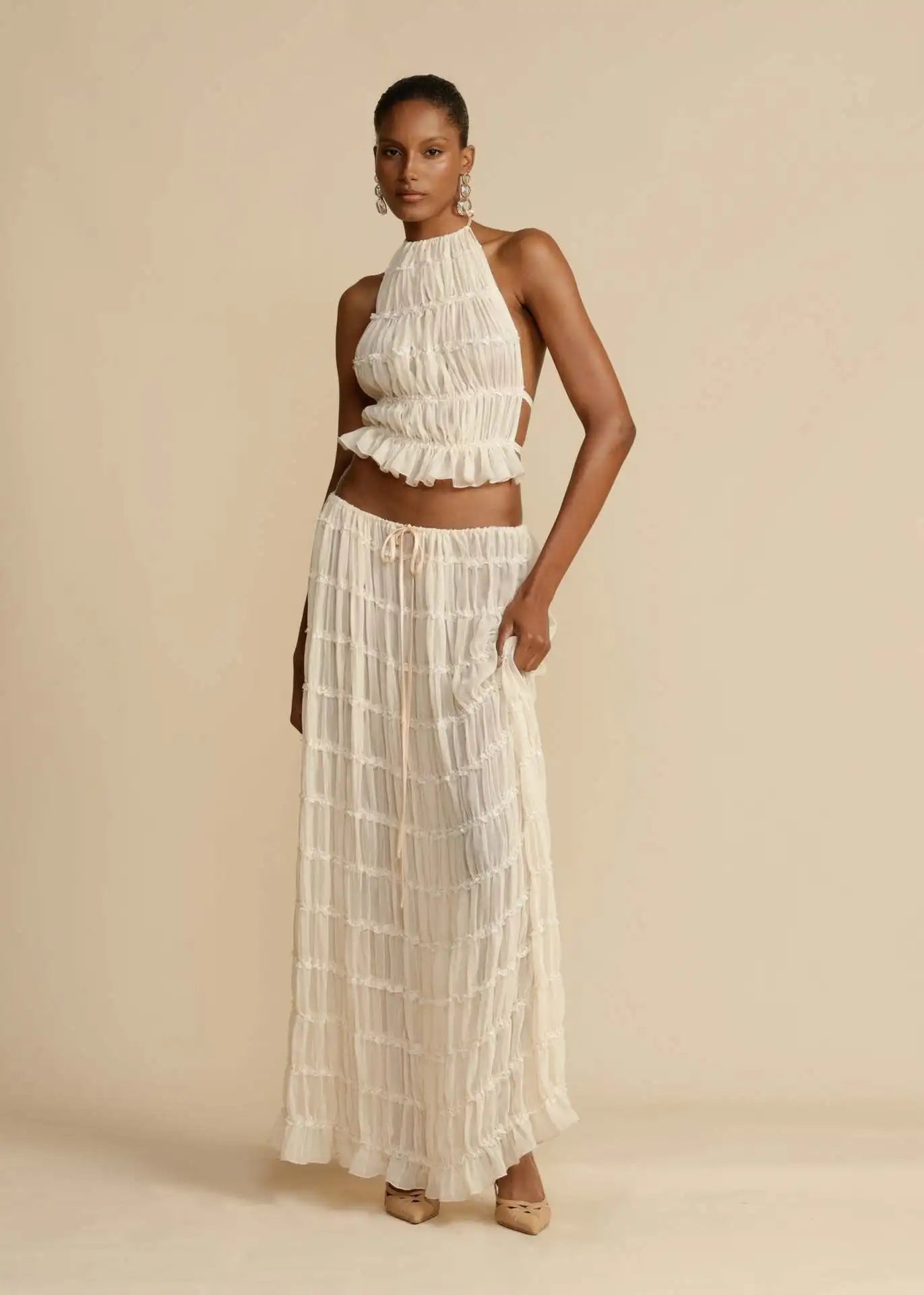 Sheer Lace Up Ruched Skirt Set